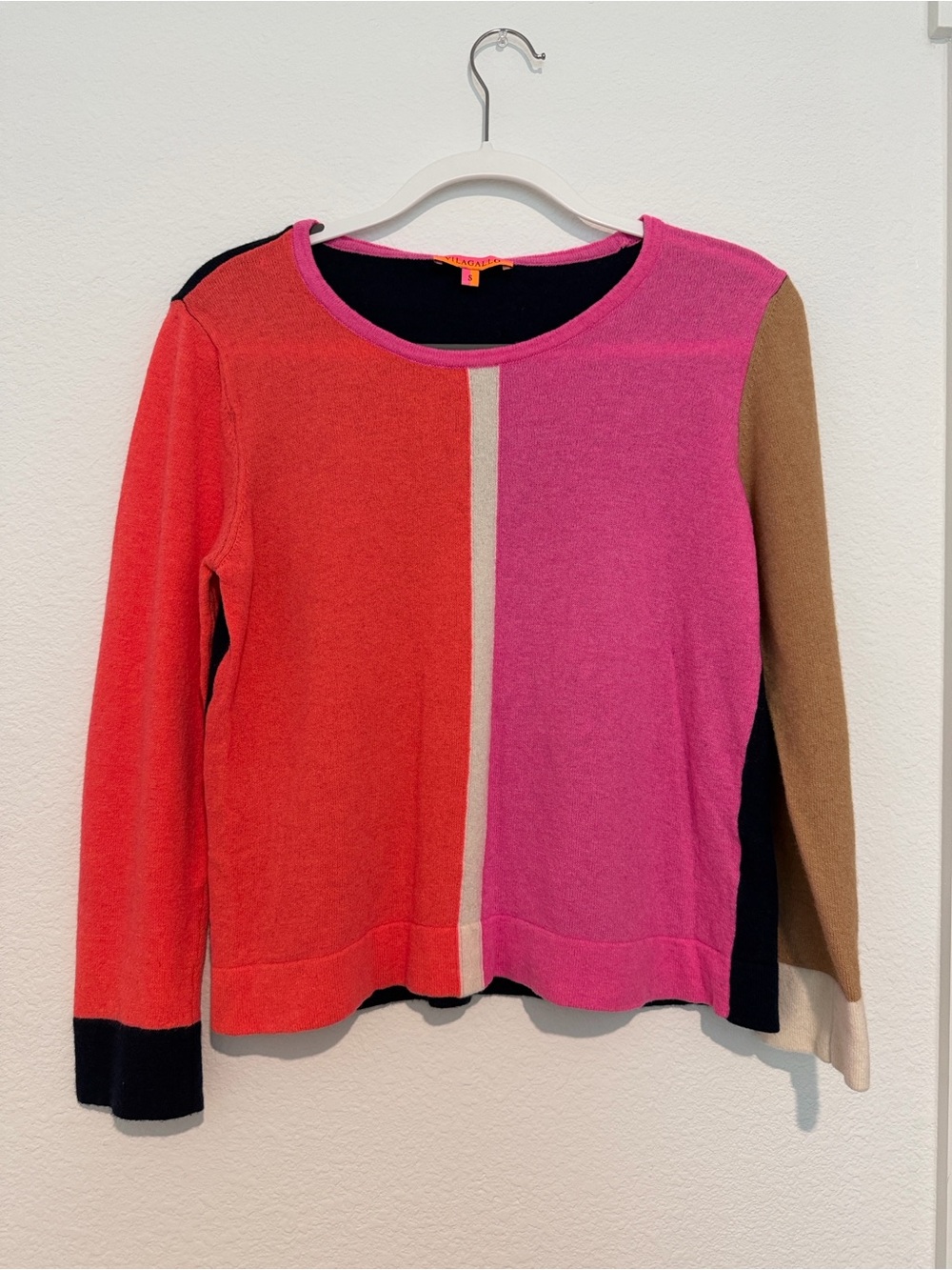 Vilagallo Colorblock Crewneck Coral, Fuchsia & Camel wool blend Small